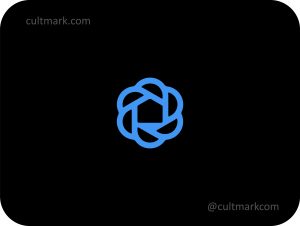 Cultmark blue geometric house logo with eight petals in a circular line art style, professional vector branding for real estate, eco-business and architectural branding.