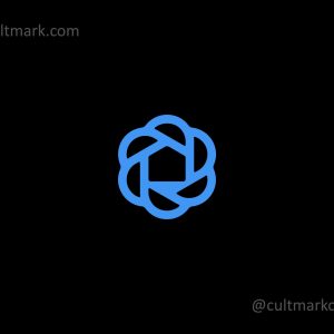 Cultmark blue geometric house logo with eight petals in a circular line art style, professional vector branding for real estate, eco-business and architectural branding.