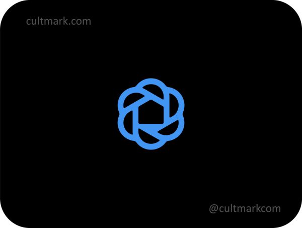 Cultmark blue geometric house logo with eight petals in a circular line art style, professional vector branding for real estate, eco-business and architectural branding.
