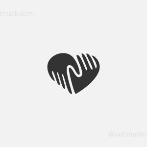 Cultmark minimalist black and white logo design combining a heart shape and two cupped hands, ideal for non-profits, healthcare, and community support organizations.