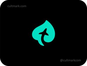 3.1.leaf Cultmark modern eco travel logo design with a plane silhouette in negative space of a green leaf, ideal for sustainable tourism and aviation startups.
