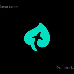Cultmark modern eco travel logo design with a plane silhouette in negative space of a green leaf, ideal for sustainable tourism and aviation startups.