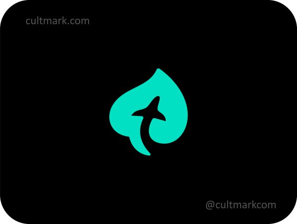 3.1.leaf Cultmark modern eco travel logo design with a plane silhouette in negative space of a green leaf, ideal for sustainable tourism and aviation startups.